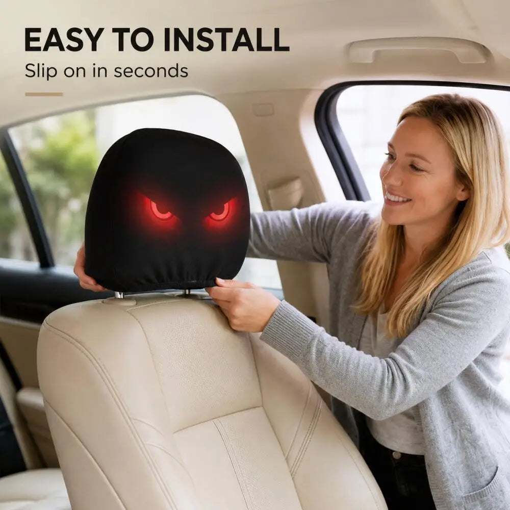 Glowing Red Demon Eyes car headrest cover in black polyester, featuring a printed pair of fiery red eyes