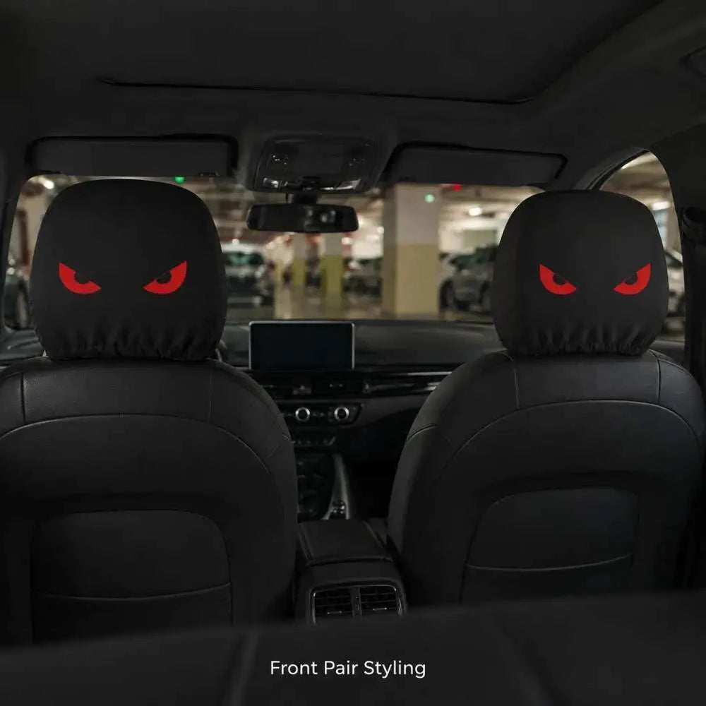 Car headrest covers in black polyester featuring Glowing Red Demon Eyes with an angry 2D red eye print