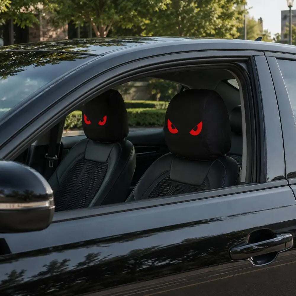 Glowing Red Demon Eyes car headrest covers in black fabric, printed with vivid red angry eyes for a striking look.