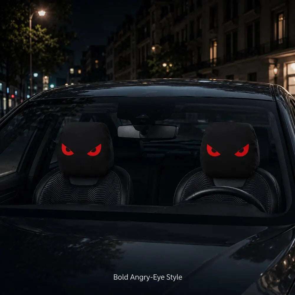 Car headrest covers in black polyester with a bold 2D print of Glowing Red Demon Eyes on each cover