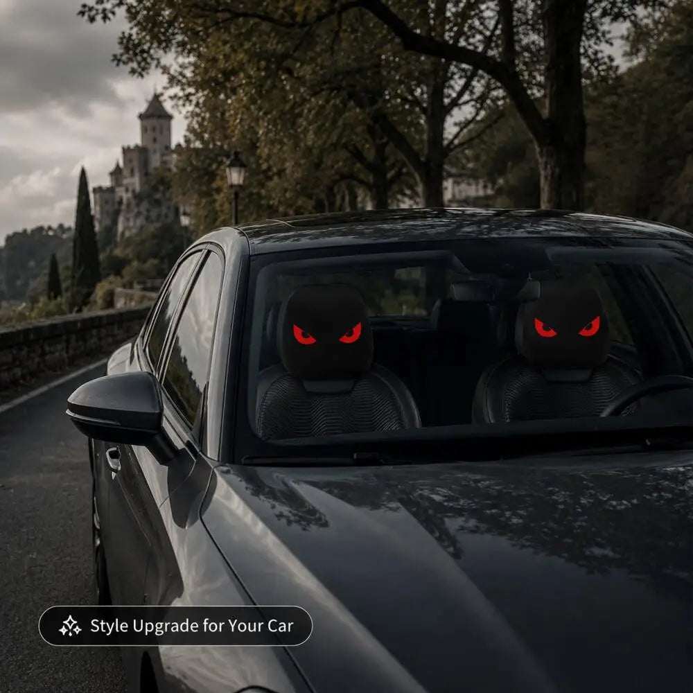 Car headrest covers featuring Glowing Red Demon Eyes, black fabric with vivid red angry-eye prints in a matching pair