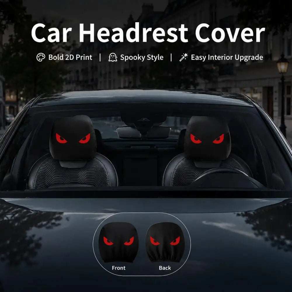 Car headrest covers in black polyester with vivid red Glowing Red Demon Eyes prints on the front and back