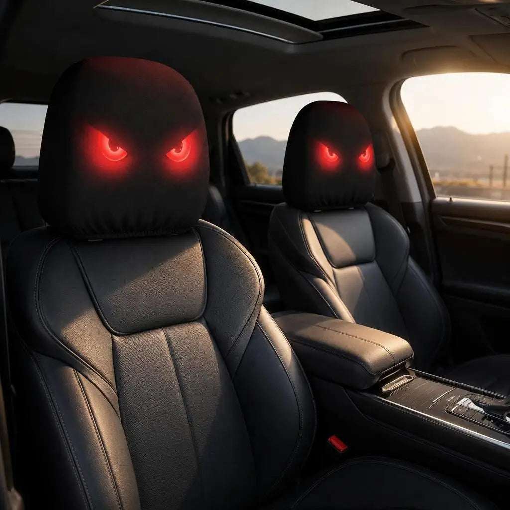 Car headrest covers in black fabric, featuring Glowing Red Demon Eyes with an angry, luminous red eye print.