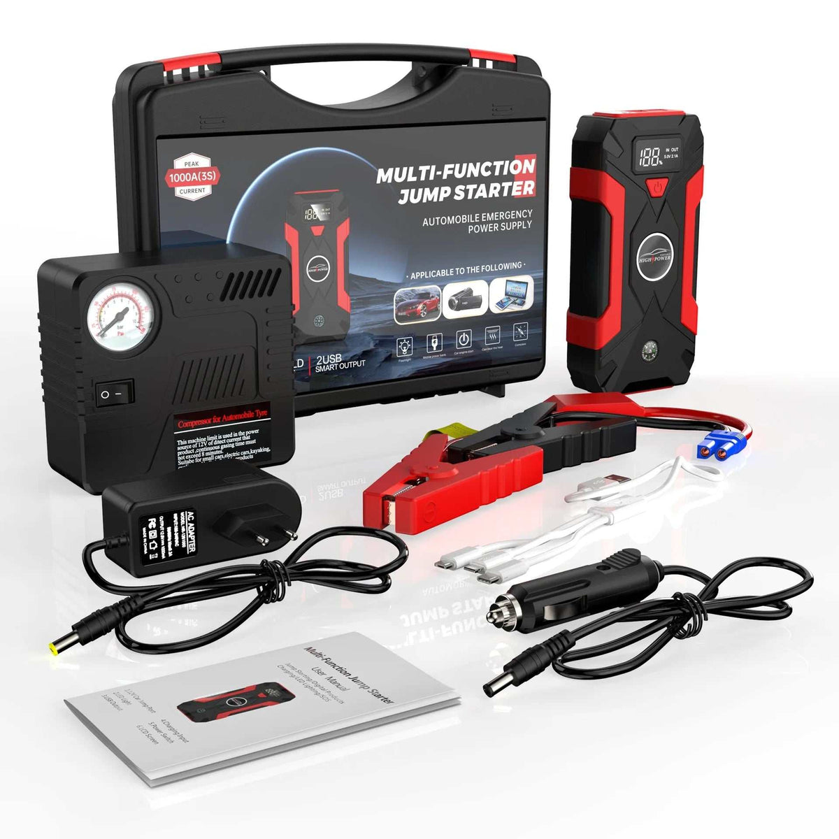 Jump Starter Power Bank kit with black and red portable booster, jumper cables, air compressor, charging cords, and manual