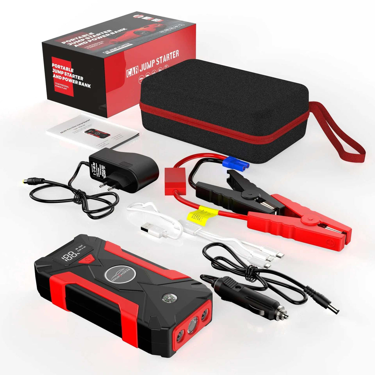 Jump Starter Power Bank with a black and red portable car battery booster, jumper clamps, cables, charger, and storage case