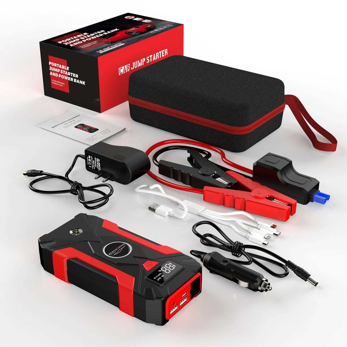 Jump Starter Power Bank kit with a black and red portable battery, jumper clamps, charging cables, adapter and storage case