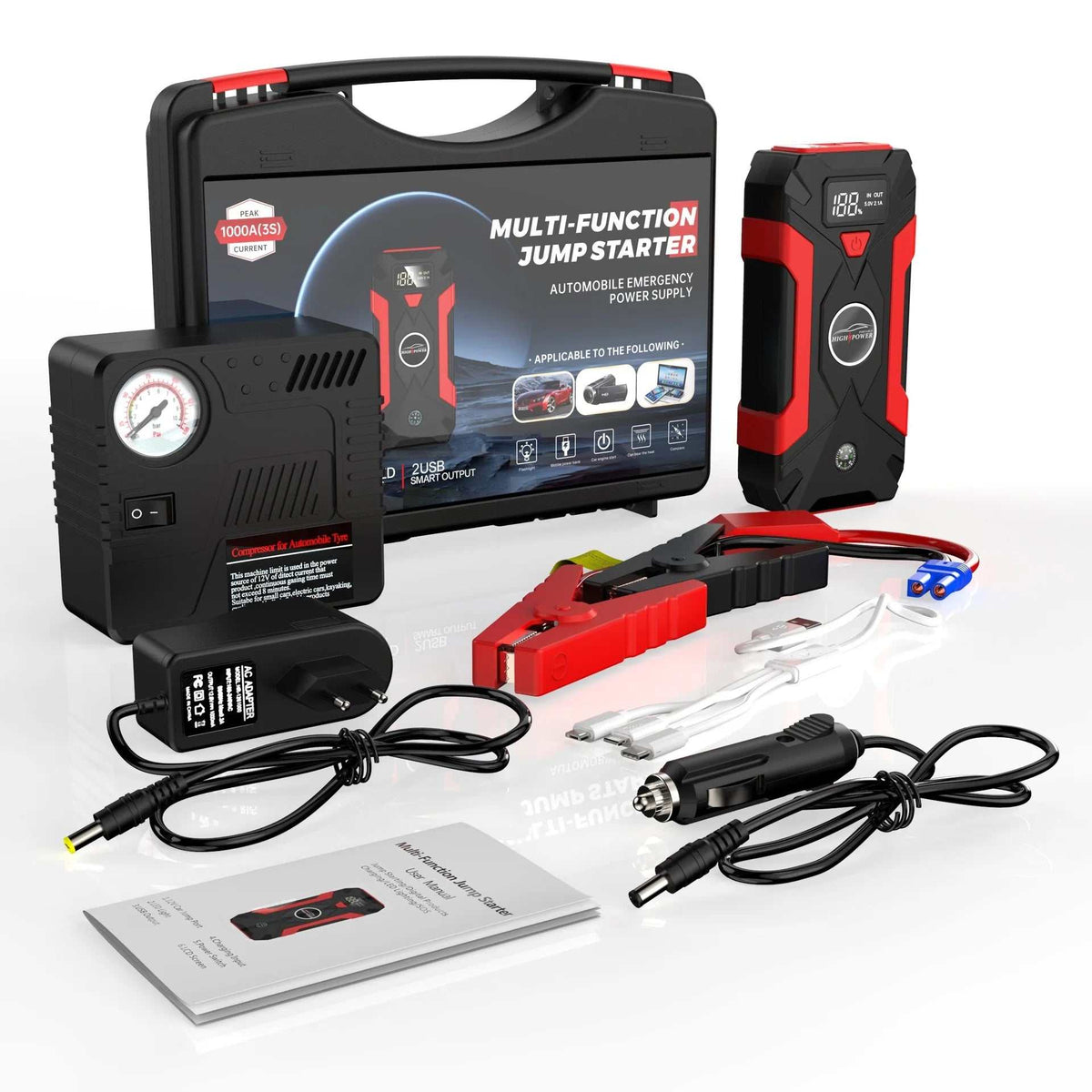 Jump Starter Power Bank kit with black and red portable booster, carrying case, jumper clamps, cables, air hose and accessories
