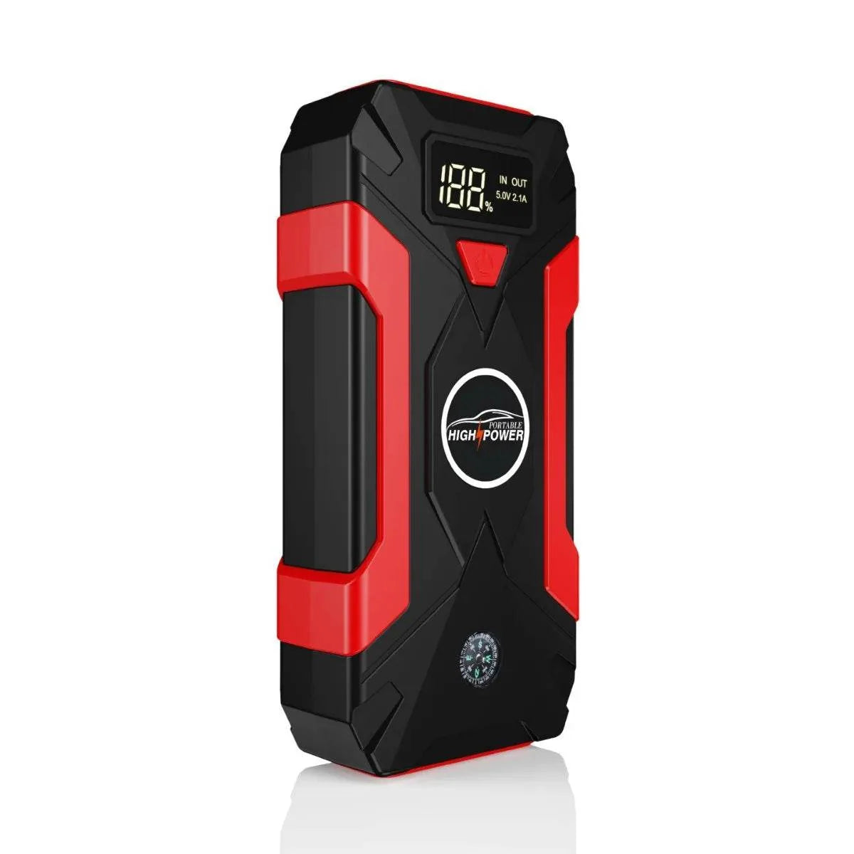 Jump Starter Power Bank with a rugged black body, red side panels, digital display, and central power button.