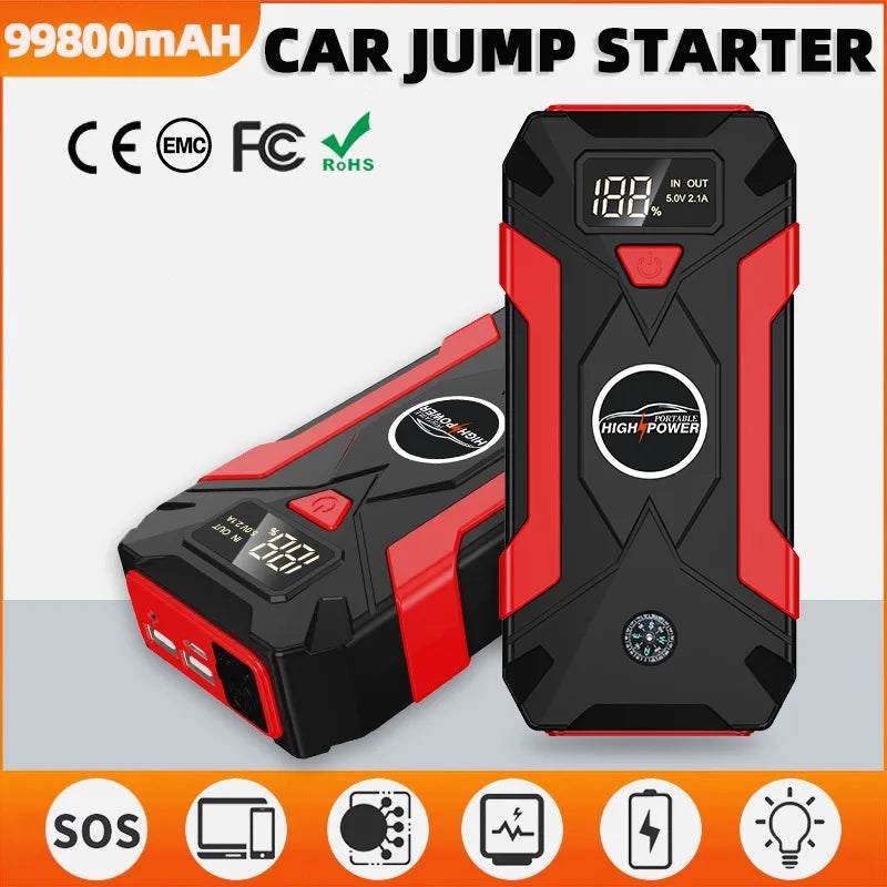 Jump Starter Power Bank with a rugged black and red casing, digital display, power button and side ports.