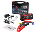 Jump Starter Power Bank in a black and red casing with digital display, carrying case, charger cables and clamps