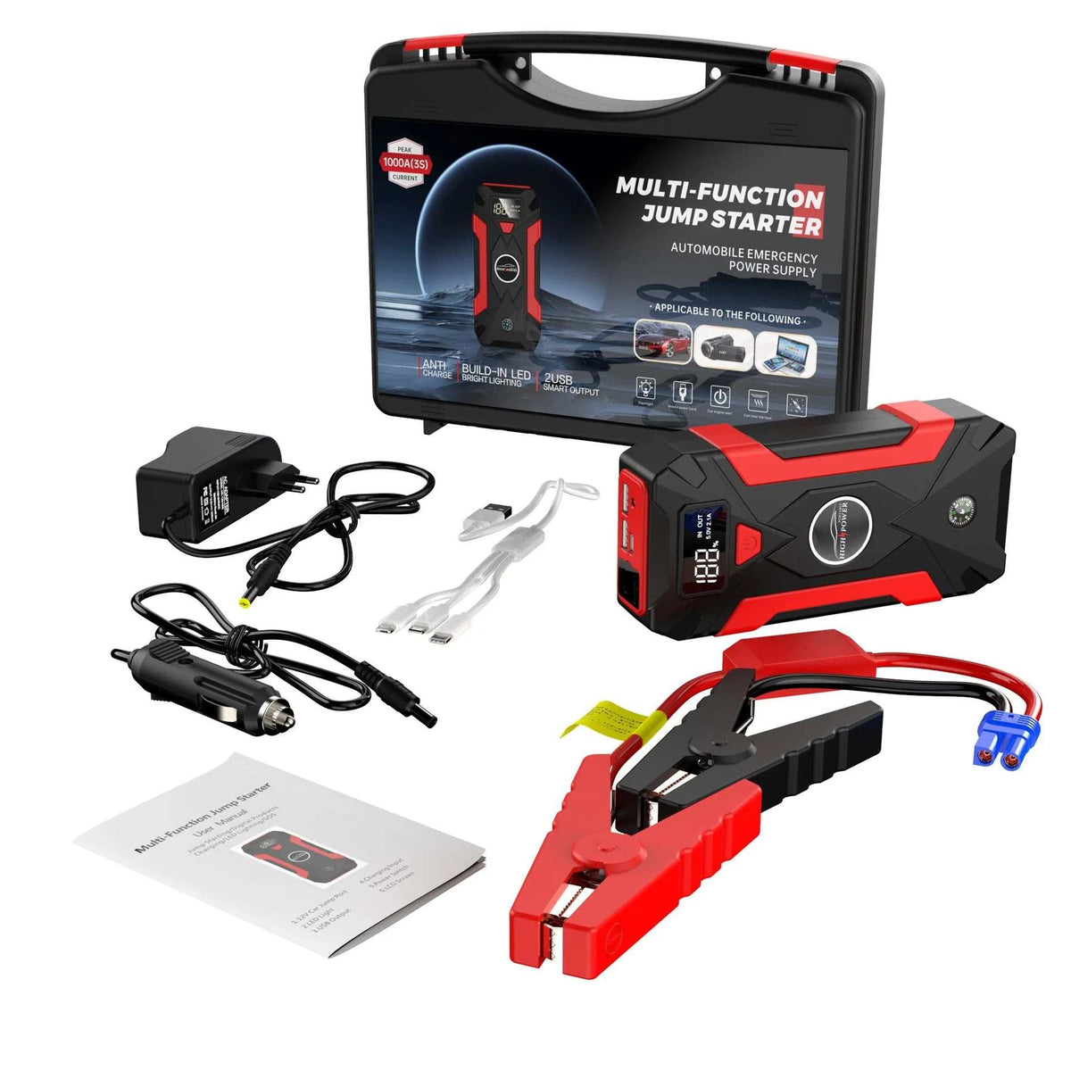 Jump Starter Power Bank in a black and red casing with digital display, carrying case, charger cables and clamps