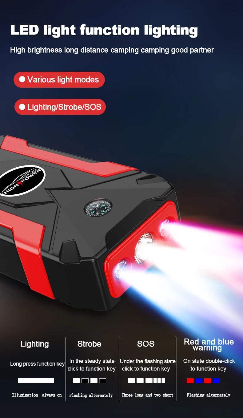 Jump Starter Power Bank with a rugged black and red casing, circular display, and bright LED light with red and blue modes
