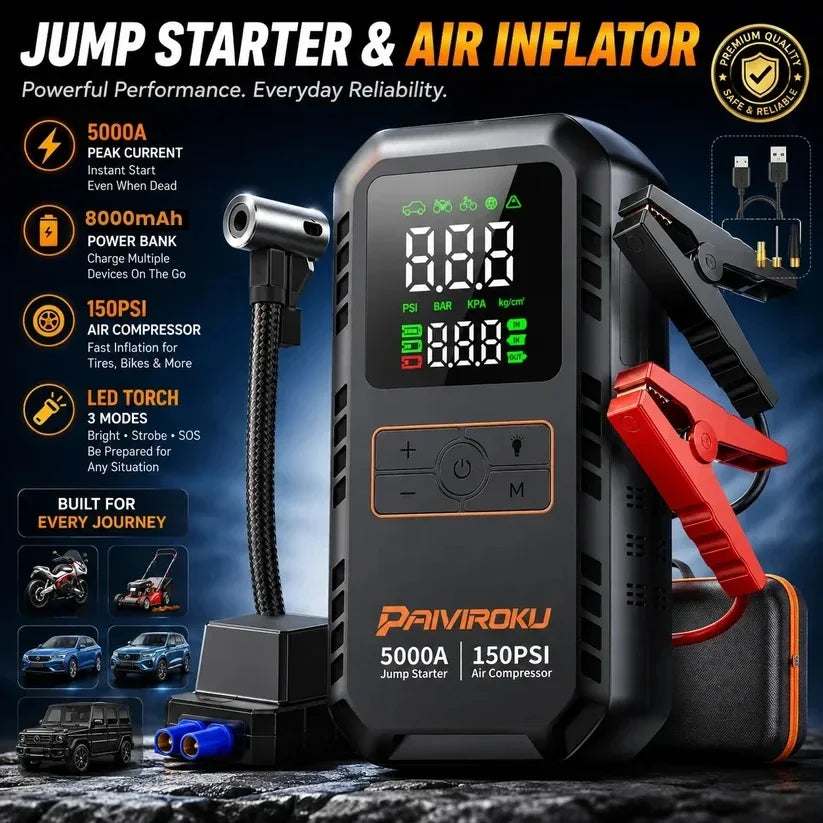PAIVIROKU 5000A Car Jump Starter with a black textured case, digital pressure display, air hose, LED torch and red clamps
