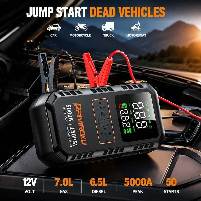 PAIVIROKU 5000A Car Jump Starter, black rectangular battery booster with red and black clamps, digital display and orange lettering