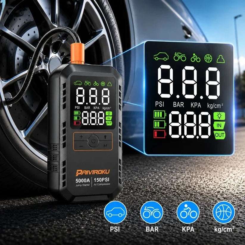 PAIVIROKU 5000A Car Jump Starter in black with an orange connector, digital pressure display, and tire inflation controls