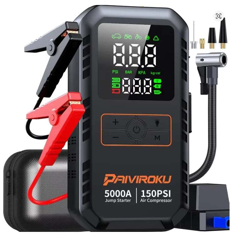 PAIVIROKU 5000A Car Jump Starter in black and gray with red and black clamps, digital display and air hose