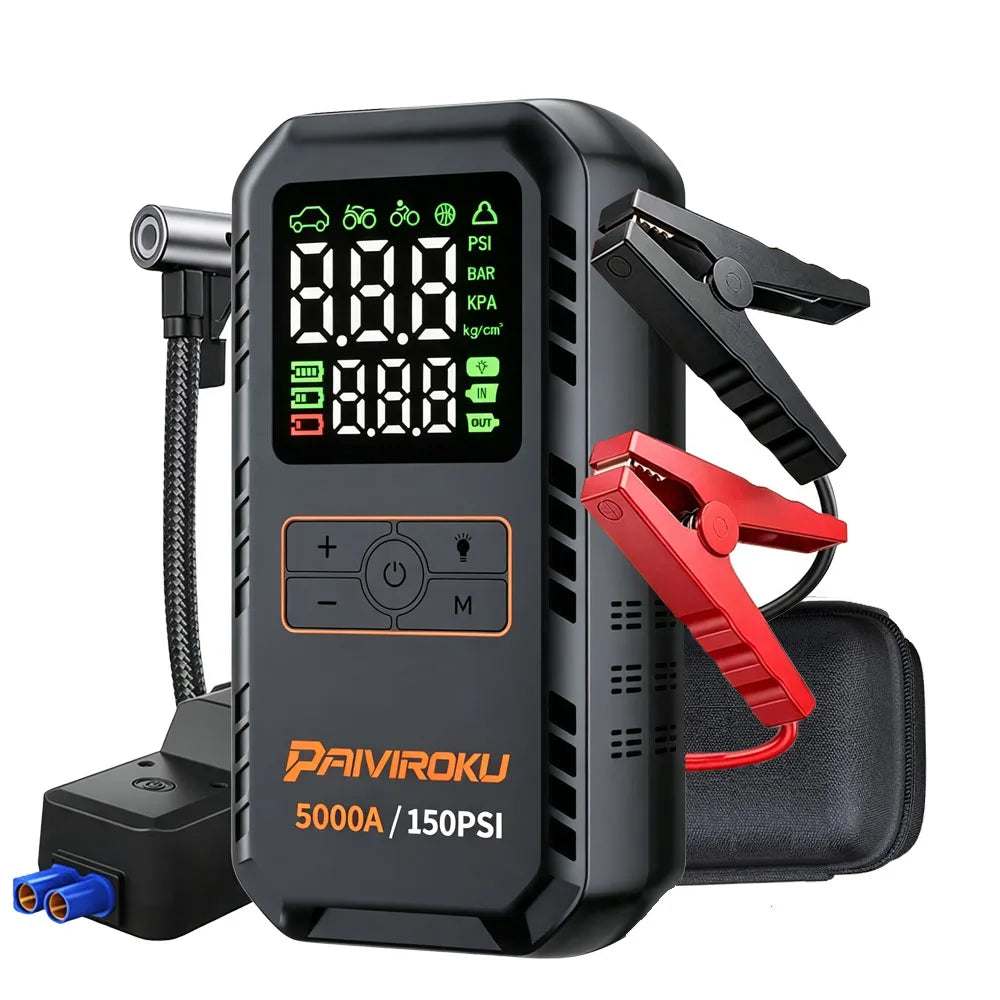 PAIVIROKU 5000A Car Jump Starter in black with digital pressure display, red and black battery clamps, and air hose