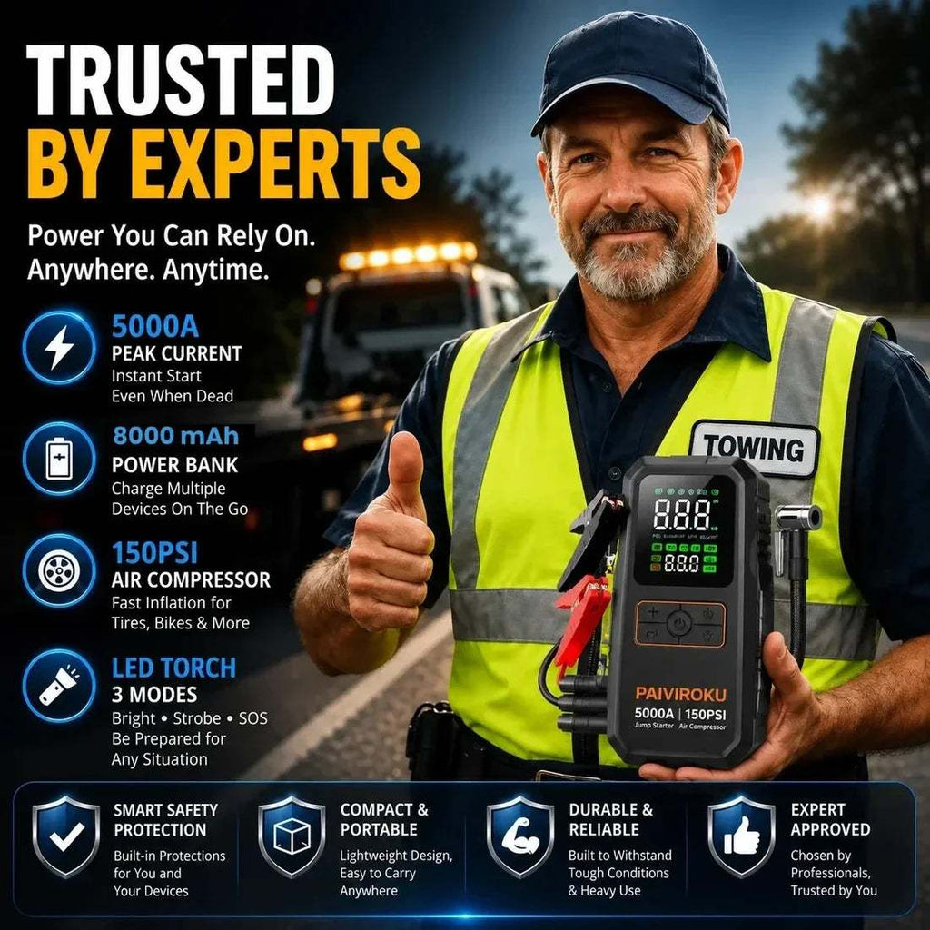 PAIVIROKU 5000A Car Jump Starter, black handheld unit with digital display, red and black clamps, and green accents