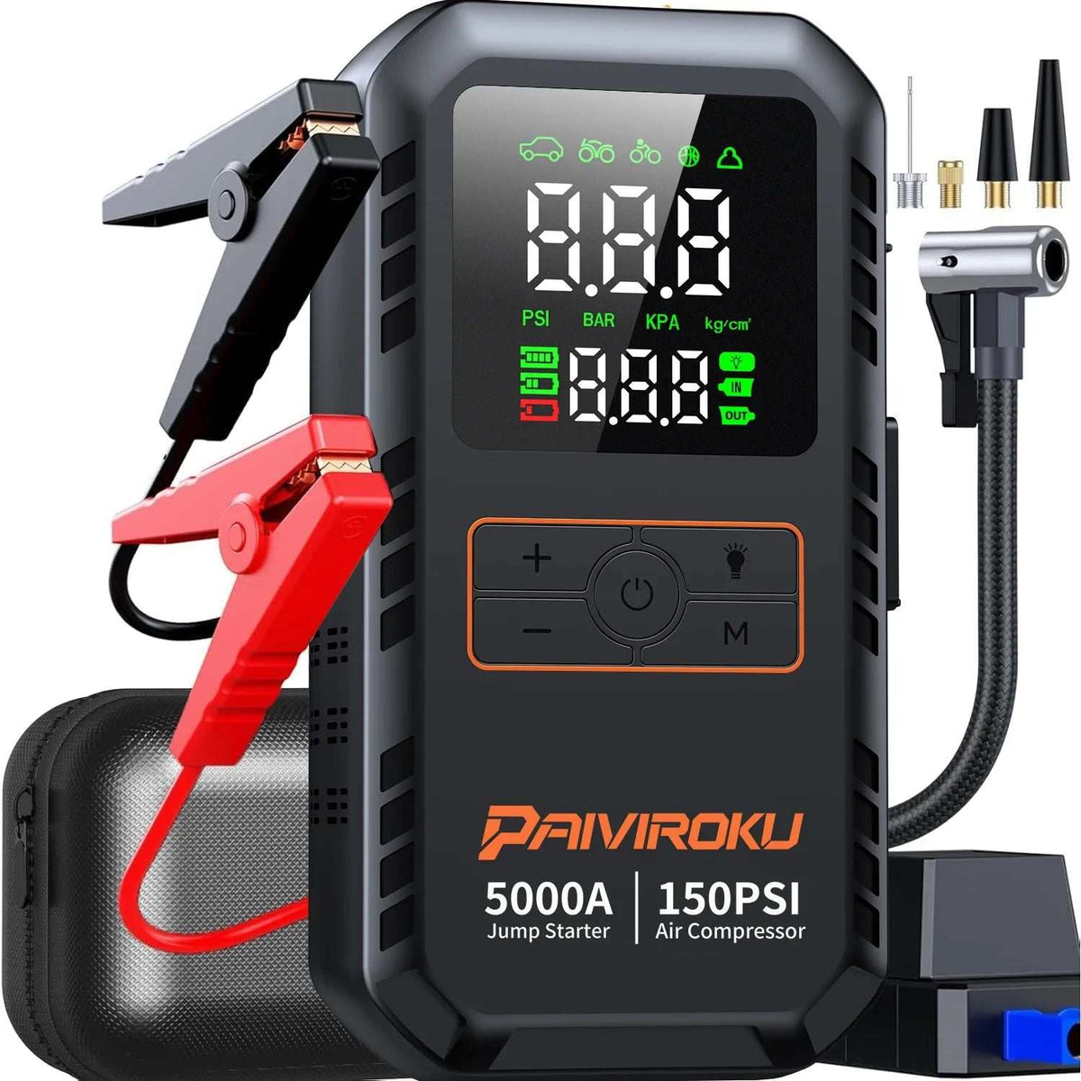 PAIVIROKU 5000A Car Jump Starter, black portable unit with digital display, red and black clamps, and air hose