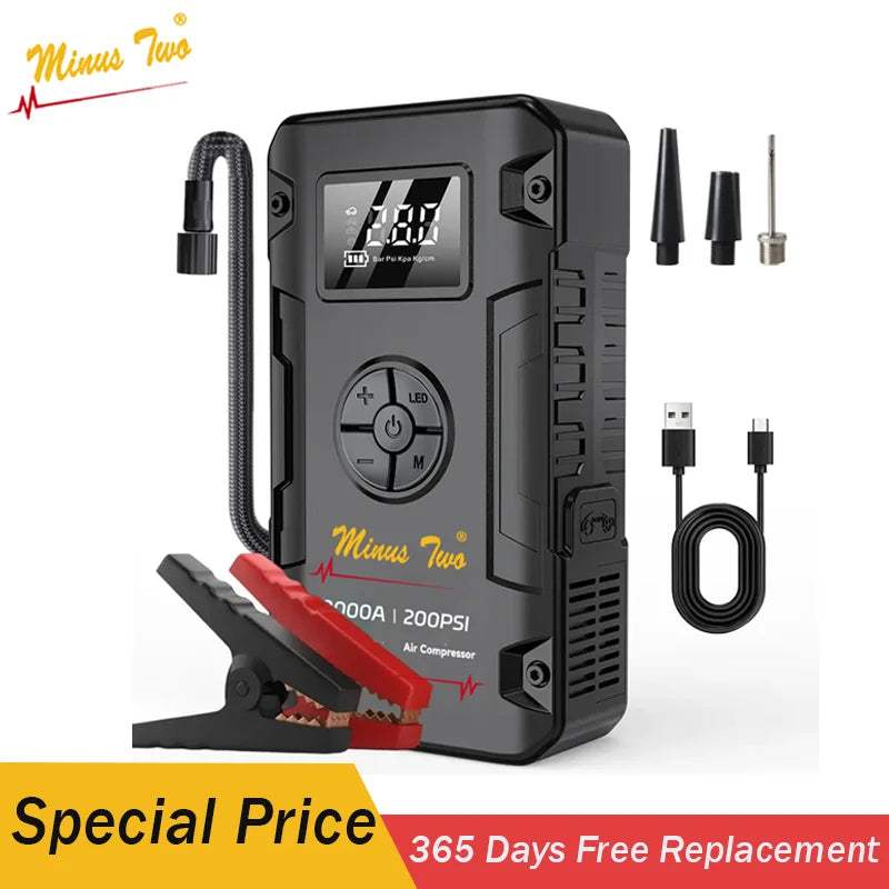 Portable 8000A Jump Starter in black with a digital display, air hose, jumper clamps, and interchangeable inflator nozzles