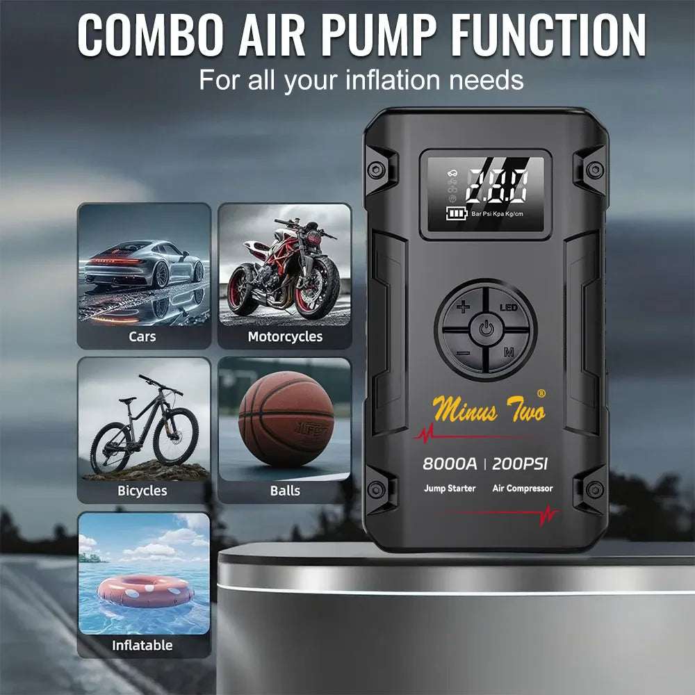 Portable 8000A Jump Starter in black, rugged plastic casing with a digital display and circular controls, combining an air pump and inflator