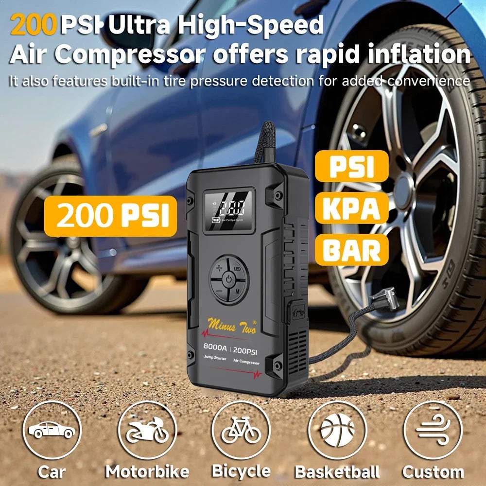 Portable 8000A Jump Starter in a black rugged case with digital pressure display, shown inflating a car tire with 200 PSI pump