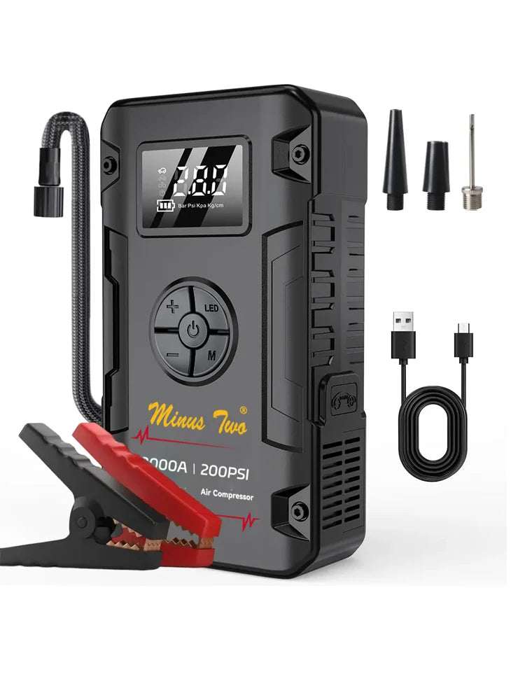 Portable 8000A Jump Starter in black with a digital display, control buttons, air hose, jumper clamps, and charging cable