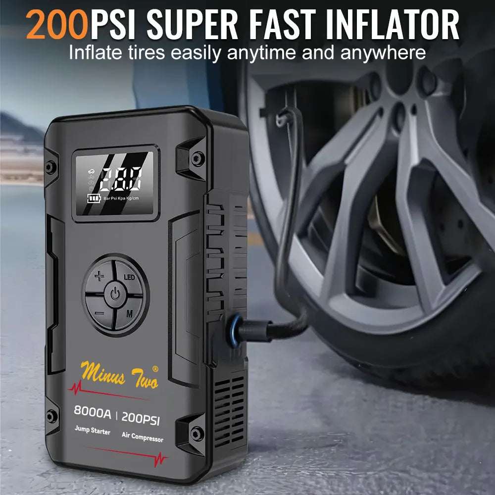 Portable 8000A Jump Starter with a black rugged casing, digital display and control buttons, shown inflating a car tire