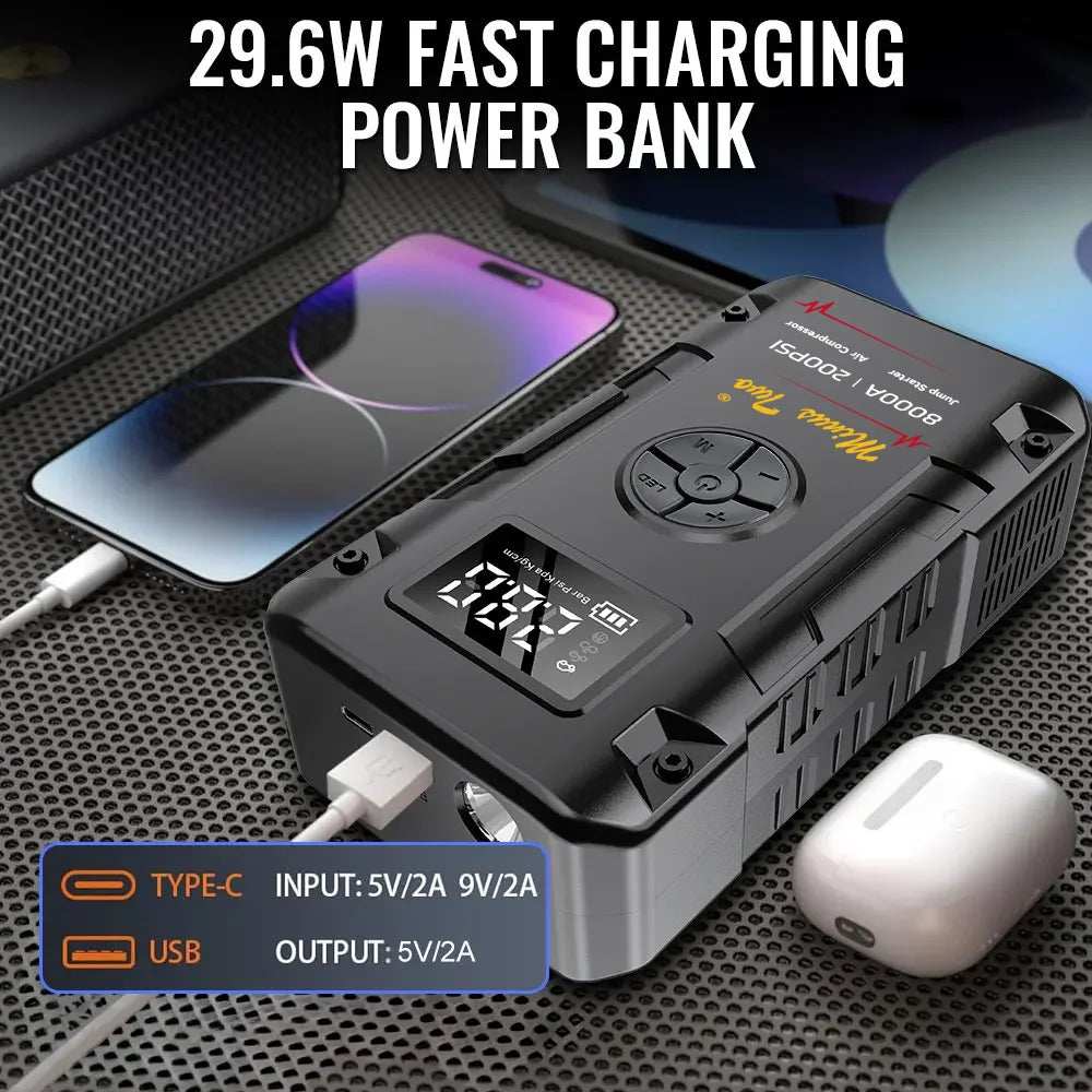 Portable 8000A Jump Starter in a black and silver rectangular housing with a digital display, control buttons and USB ports