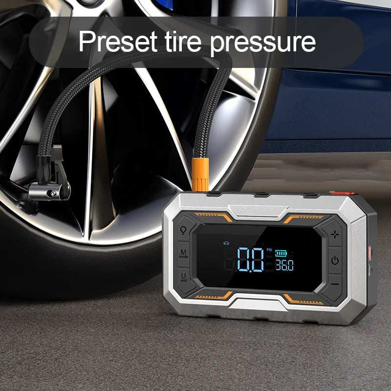 Portable Car Jump Starter in a gray and black rugged case, with orange accents, digital display and attached tire inflator hose