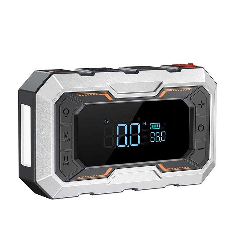 Portable Car Jump Starter in silver and black plastic with orange trim, digital display, side controls, and textured casing