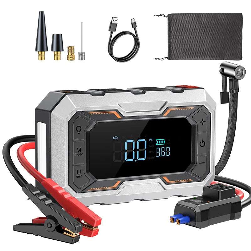 Portable Car Jump Starter in a silver and black rugged case with a digital display, red and black clamps, hose and nozzle adapters