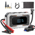 Portable Car Jump Starter in a silver and black rugged case with a digital display, red and black clamps, hose and nozzle adapters