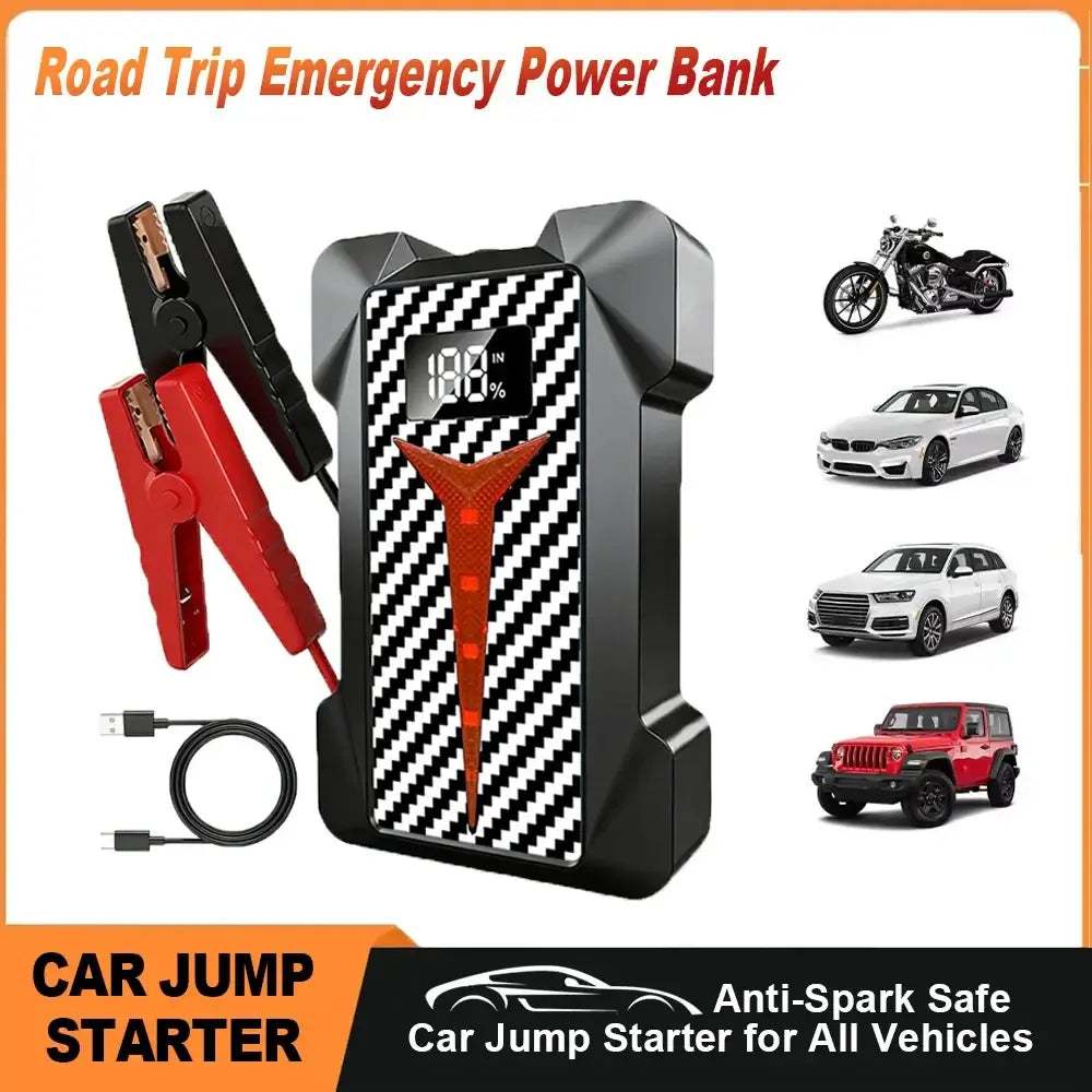 Portable Smart Jump Starter, a black compact battery booster with a patterned digital display, red-and-black clamps and USB cable