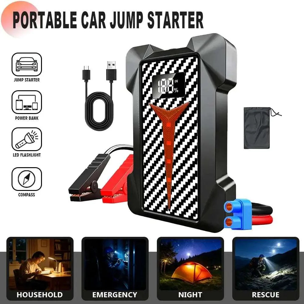 Portable Smart Jump Starter with a black angular case, carbon-patterned front display, red clamp and blue cable connectors