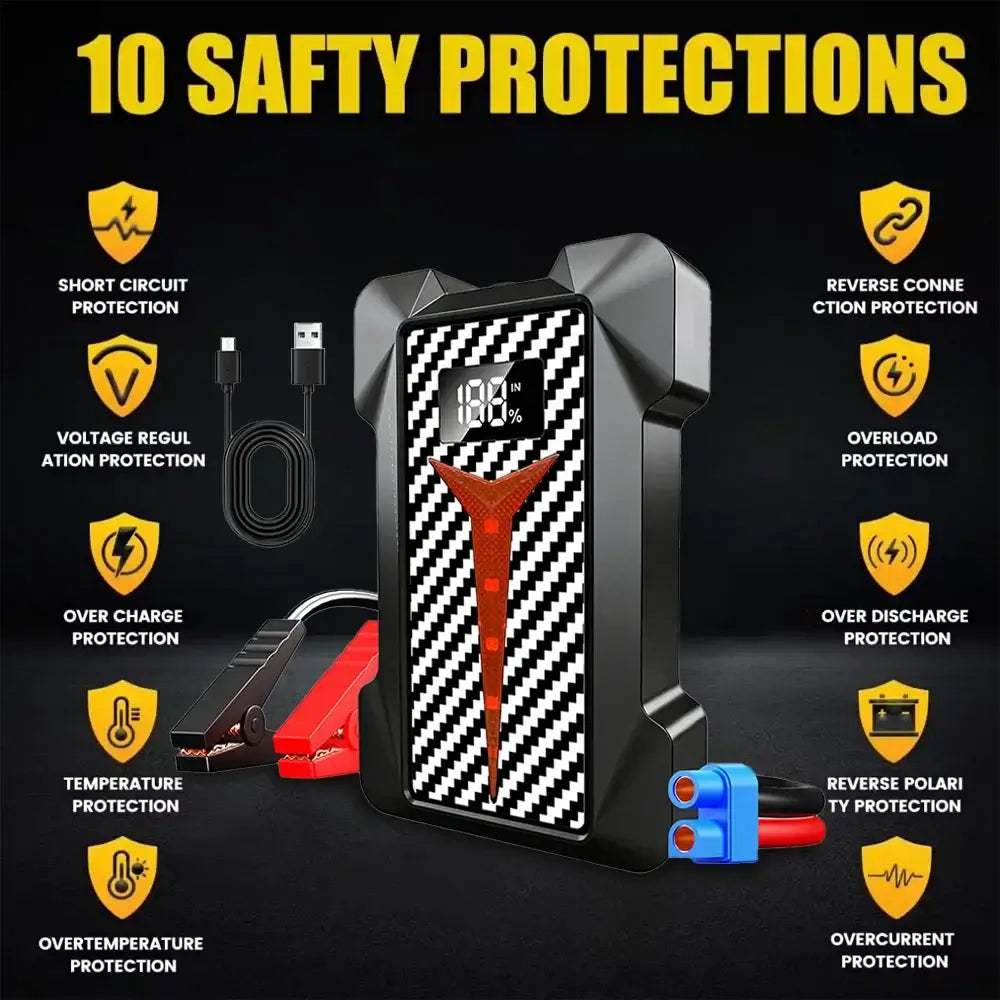 Portable Smart Jump Starter with a black textured body, digital display, red alligator clamps and blue connector, shown with ten safety protections.