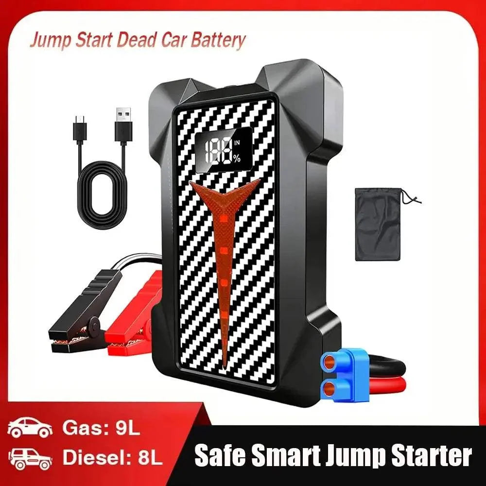 Portable Smart Jump Starter in black with a patterned display, red accents, blue connector, jumper clamps, USB cable and pouch