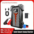 Portable Smart Jump Starter in black with a patterned display, red accents, blue connector, jumper clamps, USB cable and pouch