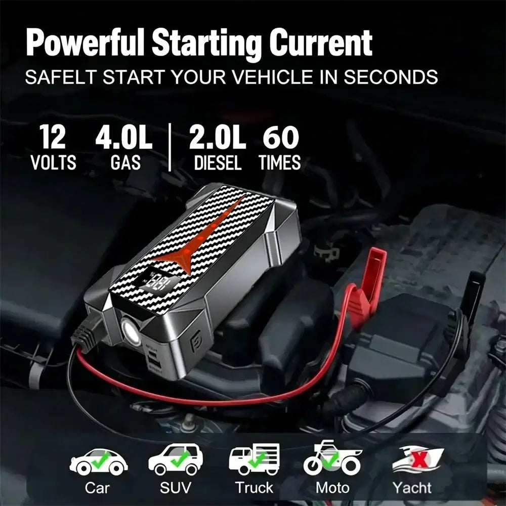 Portable Smart Jump Starter with a black patterned housing and orange stripe, connected to a car battery with red clamps