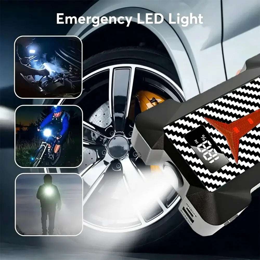 Portable Smart Jump Starter with a black and white zigzag-patterned casing, red accents, digital display, and LED light