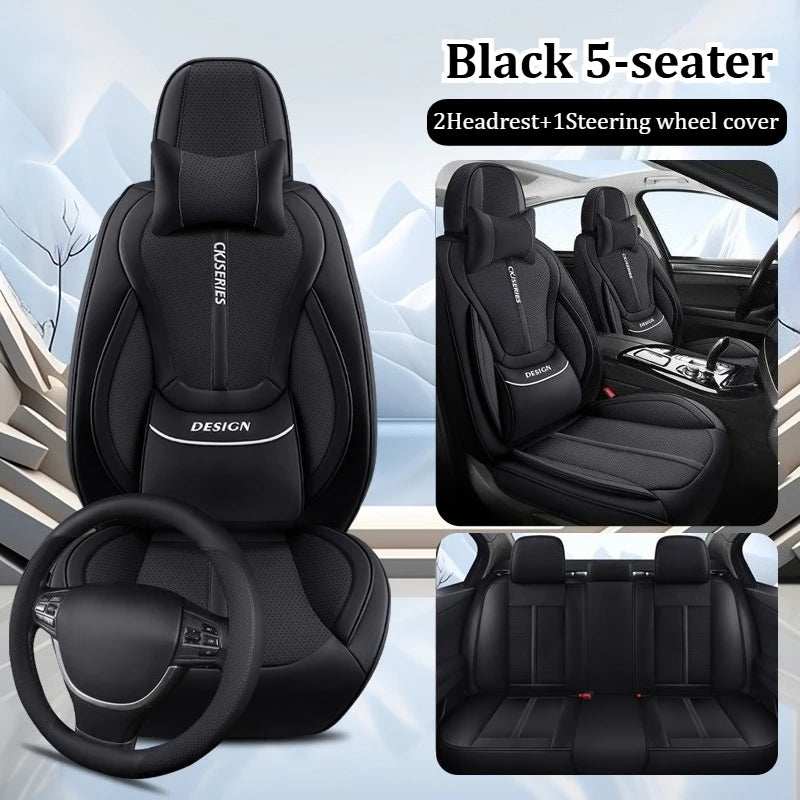 Premium PU Leather black car seat cover set with textured panels, contoured lumbar support, headrest covers and steering wheel cover