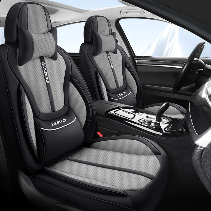 Auto seat covers in Premium PU Leather, black and gray with perforated panels, padded lumbar support and headrest cushions