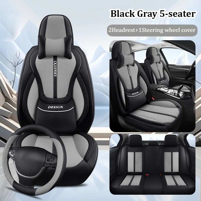 Car seat cover set in Premium PU Leather, black and gray with textured panels, lumbar support, headrest and steering wheel covers