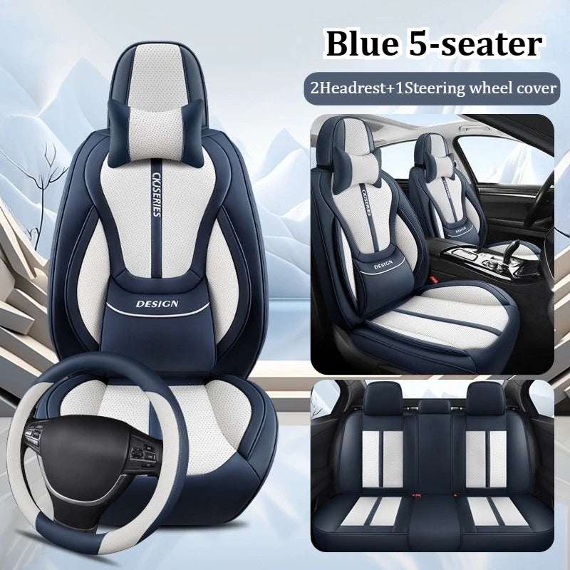 Auto seat cover set in navy blue and light gray Premium PU Leather with quilted panels, headrests and steering wheel cover