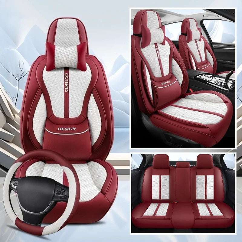 Car seat cover set in burgundy Premium PU Leather with white perforated panels, padded lumbar support and matching steering wheel cover