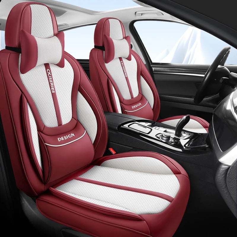 Car seat covers in burgundy Premium PU Leather with white perforated panels, contrast piping and padded lumbar support
