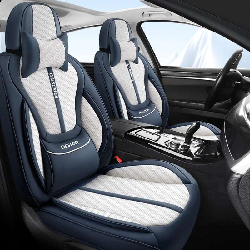 Auto seat covers in Premium PU Leather with navy blue and light gray panels, perforated centers and padded lumbar support
