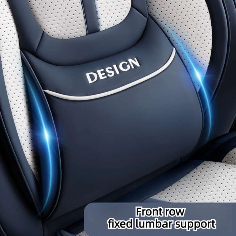 Premium PU Leather car seat cover in navy and white perforated panels, featuring curved lumbar support and contrast piping