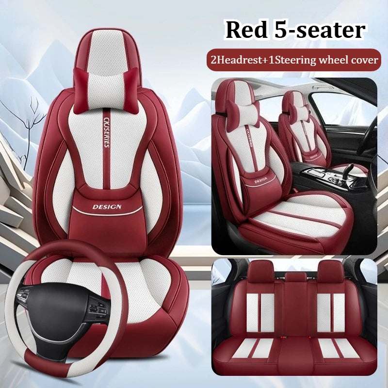 Premium PU Leather car seat cover set in red and white with quilted panels, matching headrests and steering wheel cover
