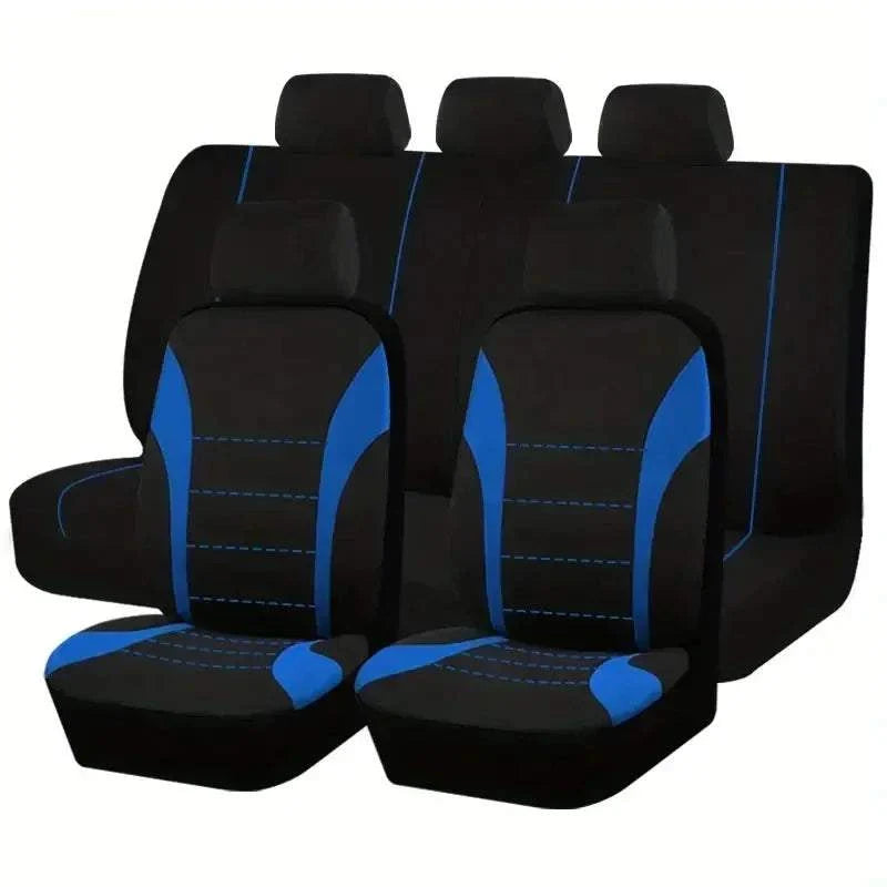 Seat Covers 9pcs Set with black fabric, bright blue side panels and matching stitching for five vehicle seats